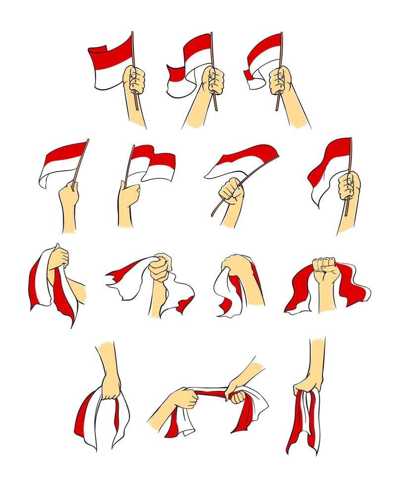 conjunto de mão segurando a bandeira da Indonésia. celebração do dia da independência da indonésia. vetor