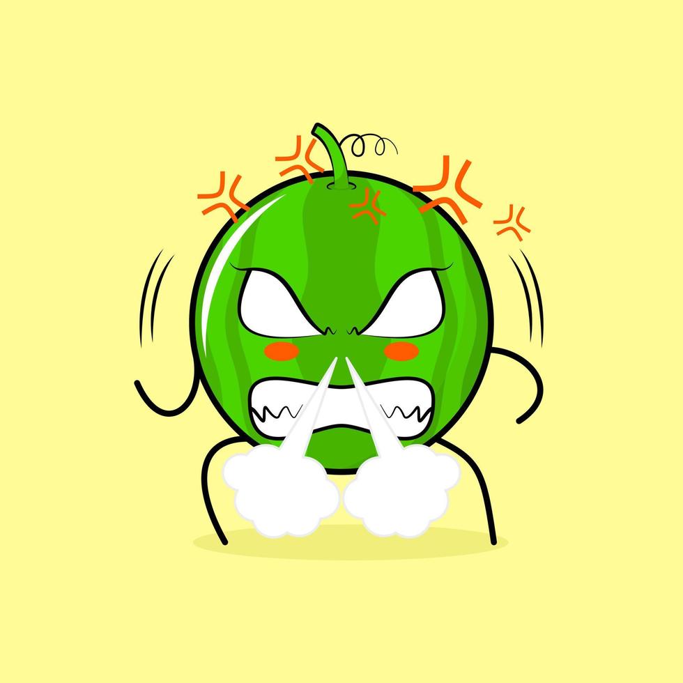 personagem de melancia bonito com expressão de raiva. nariz soprando fumaça, olhos esbugalhados e sorrindo. verde e amarelo. adequado para emoticon, logotipo, mascote vetor