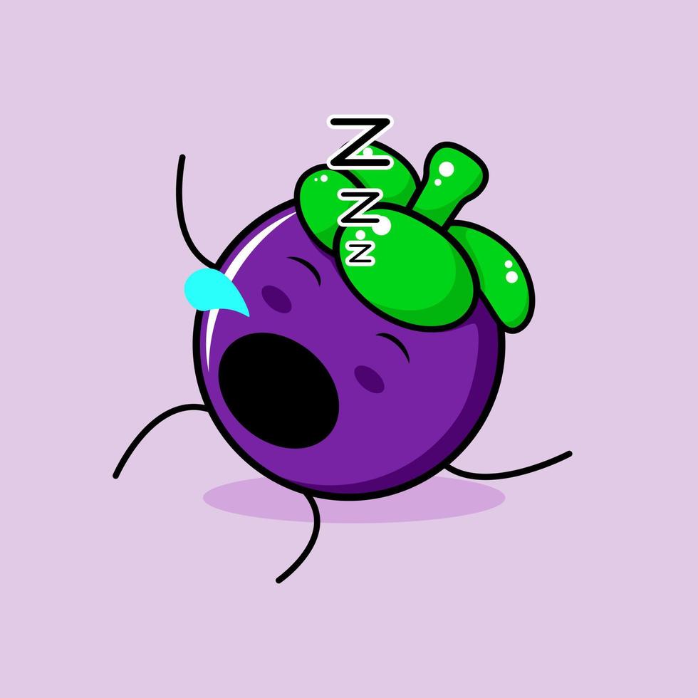 personagem de mangostão bonito com expressão de sono, deite-se, feche os olhos e abra a boca. verde e roxo. adequado para emoticon, logotipo, mascote e ícone vetor