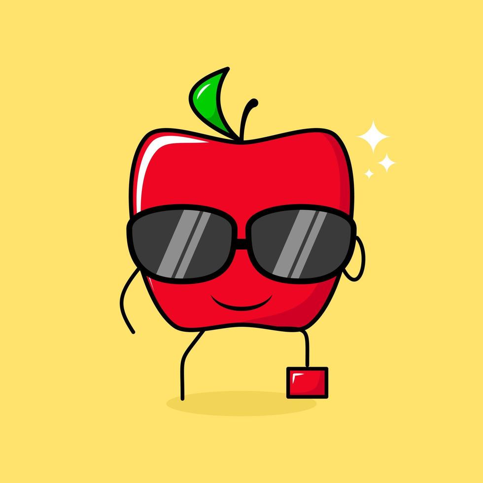 personagem de maçã vermelha fofa com expressão de sorriso, óculos pretos, uma perna levantada e uma mão segurando os óculos. verde e vermelho. adequado para emoticon, logotipo, mascote ou adesivo vetor