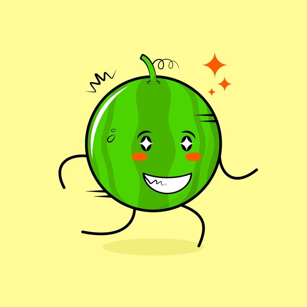 personagem de melancia bonito com expressão feliz, olhos brilhantes, correr e sorrir. verde e amarelo. adequado para emoticon, logotipo, mascote vetor