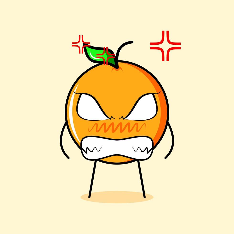 personagem laranja fofo com expressão de raiva. olhos esbugalhados e sorridentes. verde e amarelo. adequado para emoticon, logotipo, mascote vetor