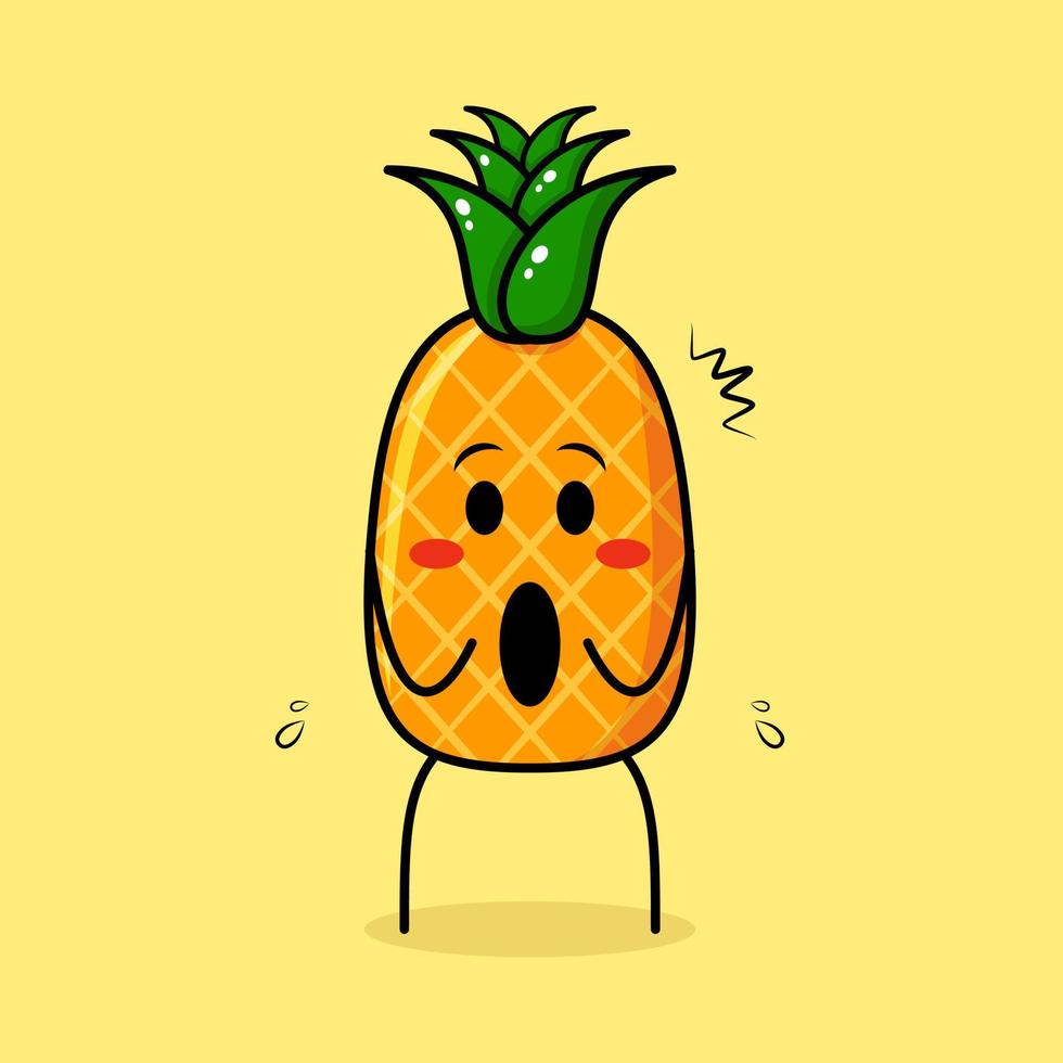 personagem de abacaxi fofo com expressão impressionada e boca aberta. verde e amarelo. adequado para emoticon, logotipo, mascote vetor