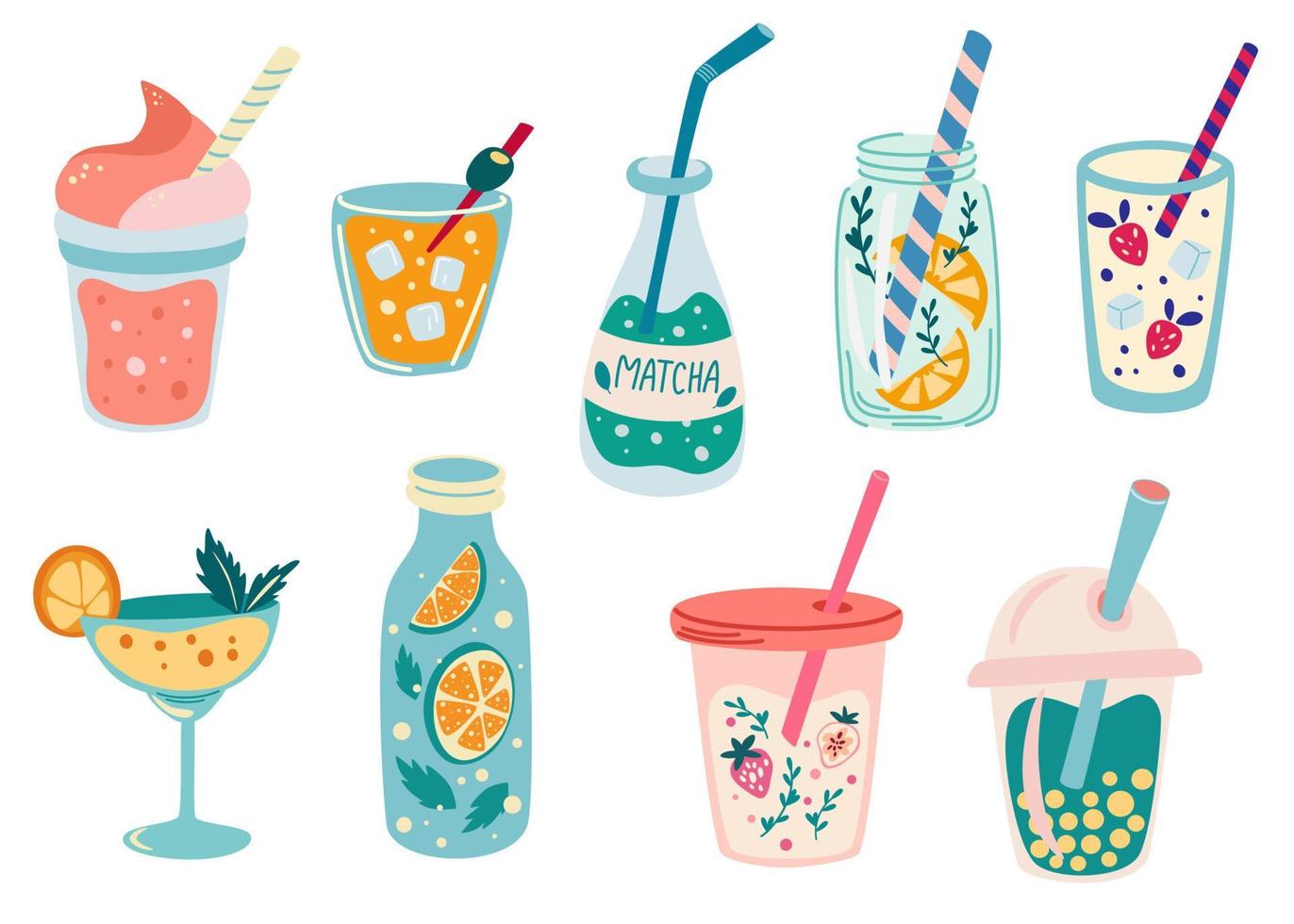 conjunto de bebidas refrescantes de verão. bebidas frias. refrigerantes, refrigerantes doces, coquetéis de frutas, sucos, limonadas em garrafas de vidro e plástico. ilustrações vetoriais planas isoladas no fundo branco vetor