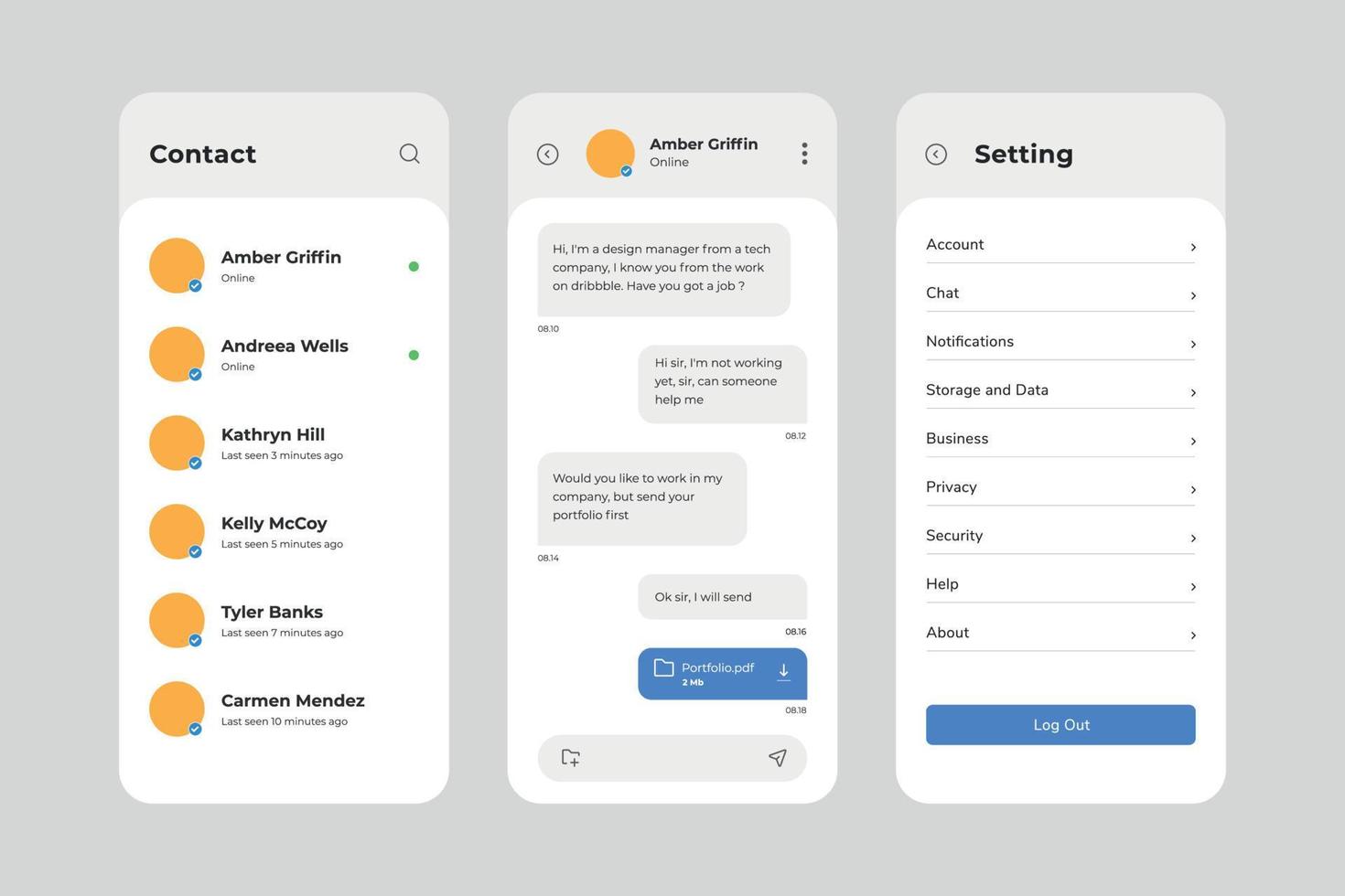 definir vetor de modelo de design de interface do usuário de bate-papo. adequado para design de aplicativos móveis android e ios