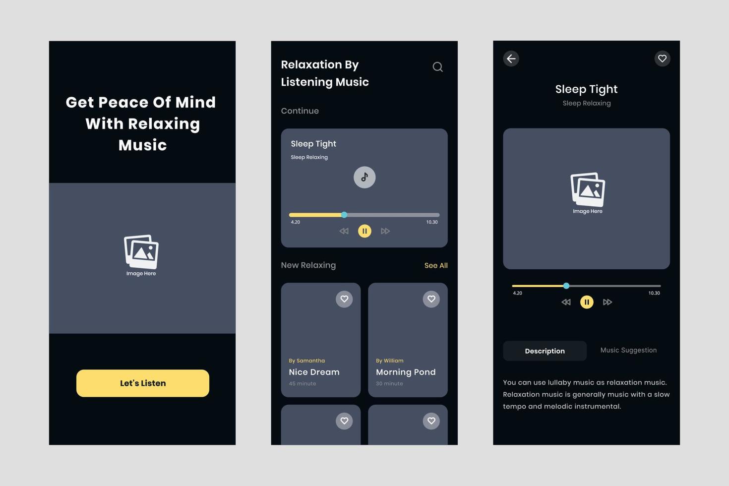 vetor de modelo de design de interface do usuário de música relaxante. aplicativo de design adequado para android e ios. aplicativo de modo escuro para celular