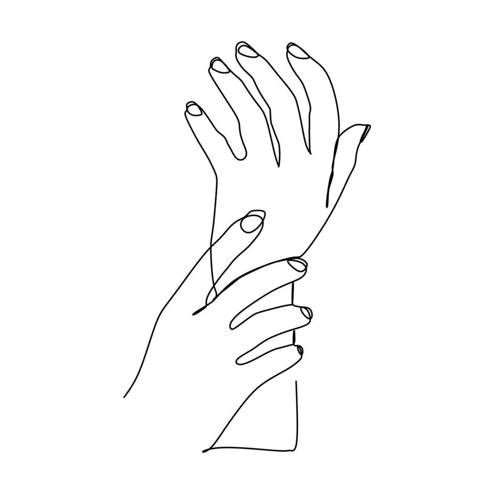 mão direita segurando o desenho de linha contínua do pulso esquerdo. ilustração em vetor ícone contorno plano isolado no fundo branco.