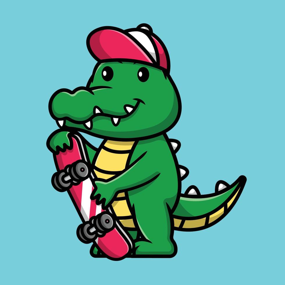 crocodilo bonito segurando o skate e usando ilustração de ícone de vetor de desenho de chapéu. animal esporte ícone conceito isolado vetor premium.