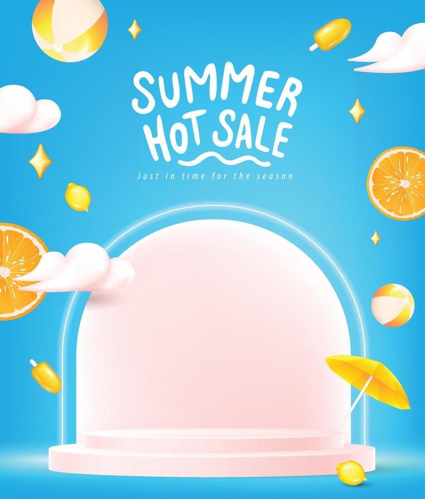 modelo de banner de venda de verão para promoção com forma cilíndrica de exibição de produto e elementos para festa na praia no céu vetor