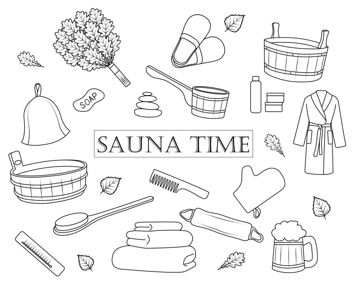 conjunto de esboços vetoriais de ícones de tempo de sauna preto e branco vetor