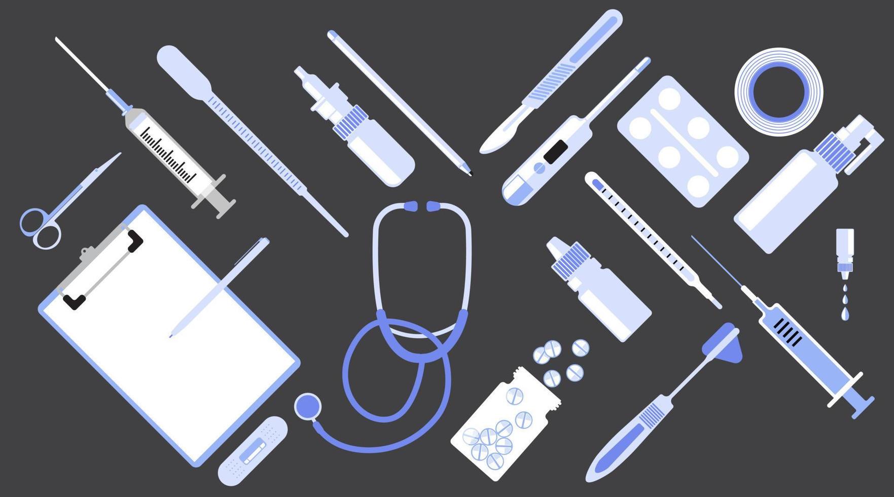 vetor de conjunto simples de equipamentos médicos, dental, pílula, design plano de vacina