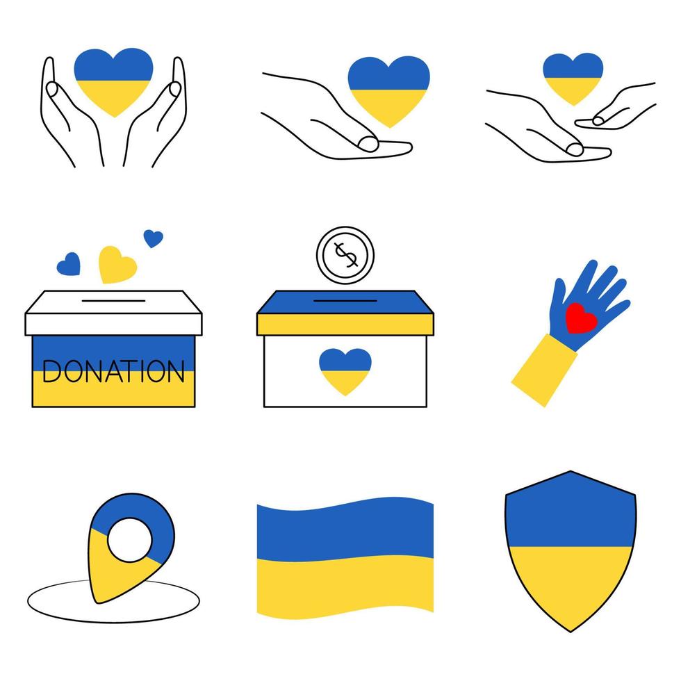 formas de coração levantou as mãos em cores nacionais ucranianas azul amarelo. doar para ajudar a ucrânia. doação e conceito de apoio. apoiar o pano de fundo da ucrânia vetor