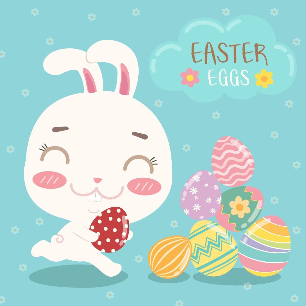 cartão de Páscoa colorido com coelho, ovos e texto vetor