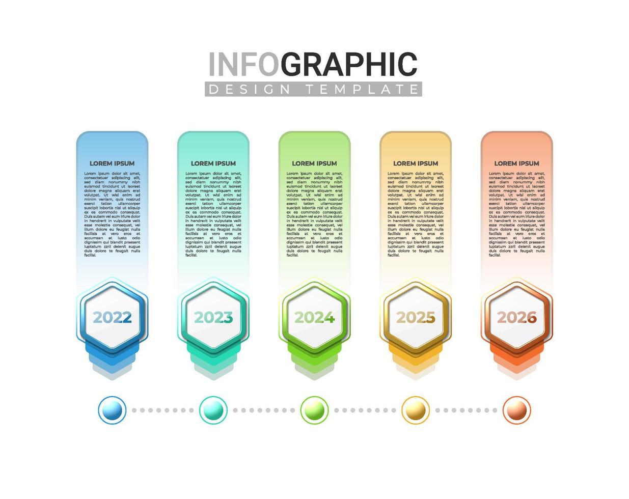 Infográfico de linha do tempo realista 3D em 5 etapas. infográfico moderno com forma hexagonal gradiente colorido vetor