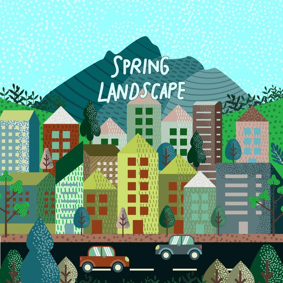 paisagem de primavera cidade moderna em estilo simples vetor