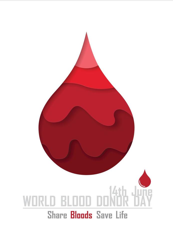 gota de sangue vermelho em papel cortado estilo com o dia, nome do dia mundial do doador de sangue e letras de slogan isolam em fundo branco. cartaz da campanha do dia mundial do doador de sangue em desenho vetorial. vetor