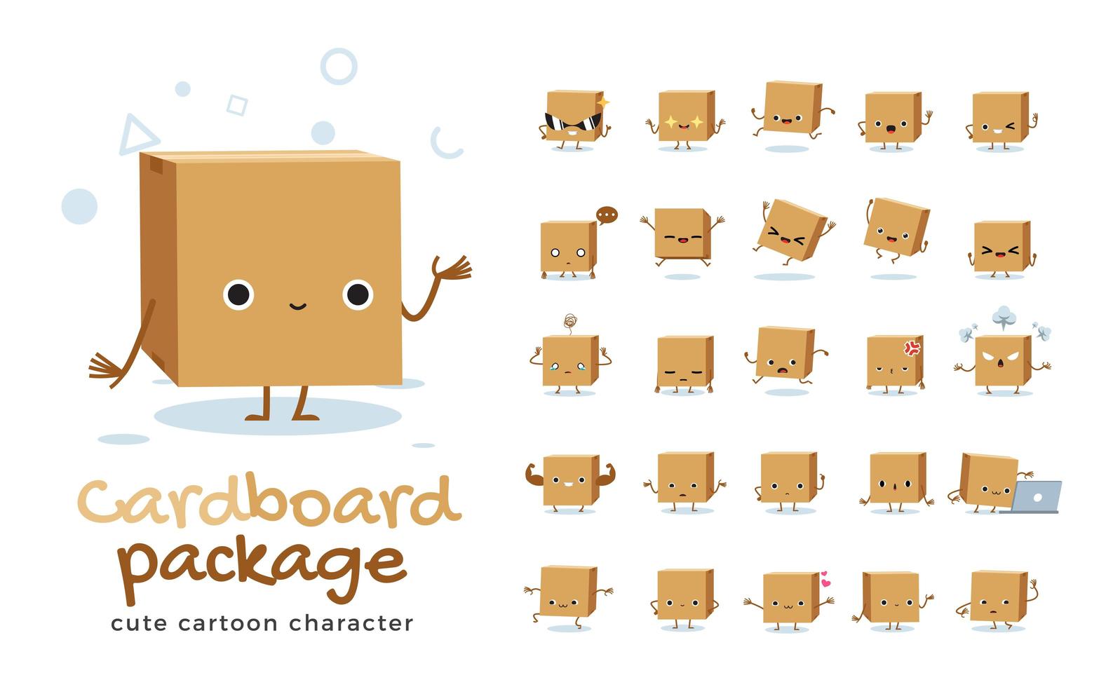 conjunto de caracteres de mascote de caixa de papelão. ilustração vetorial vetor