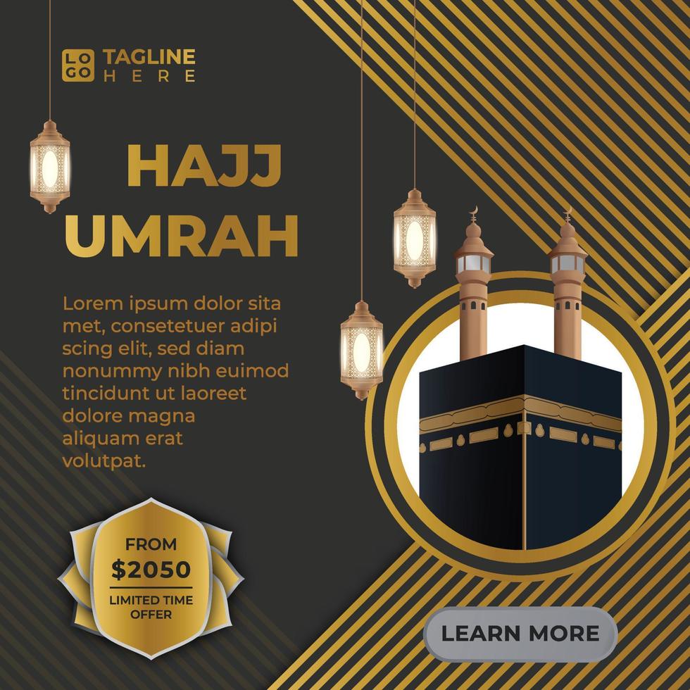 viagens de brochura simples hajj e umrah e ouro de luxo com kaaba e lanterna modelo 3d realista, papel de parede. vetor
