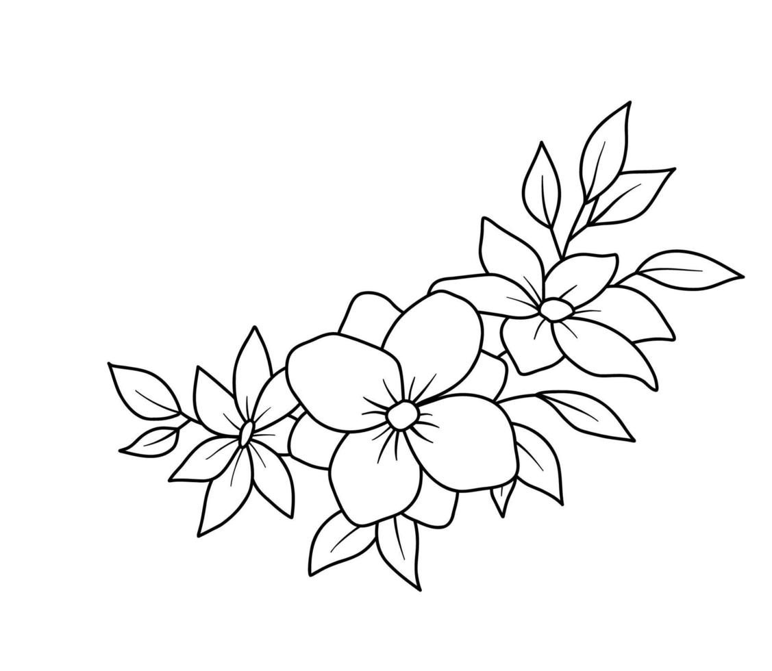 borda floral com flores de peônias e folhas em estilo de linha. flores silvestres de linha vetorial. buquê floral isolado em branco vetor