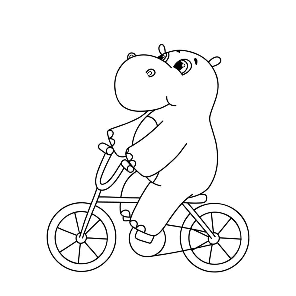 mão desenhada linha hipopótamo bonito na ilustração vetorial de bicicleta. contorno hipopótamo isolado no fundo branco. personagem de bebê fofo para livro de colorir, cartões postais e convites vetor