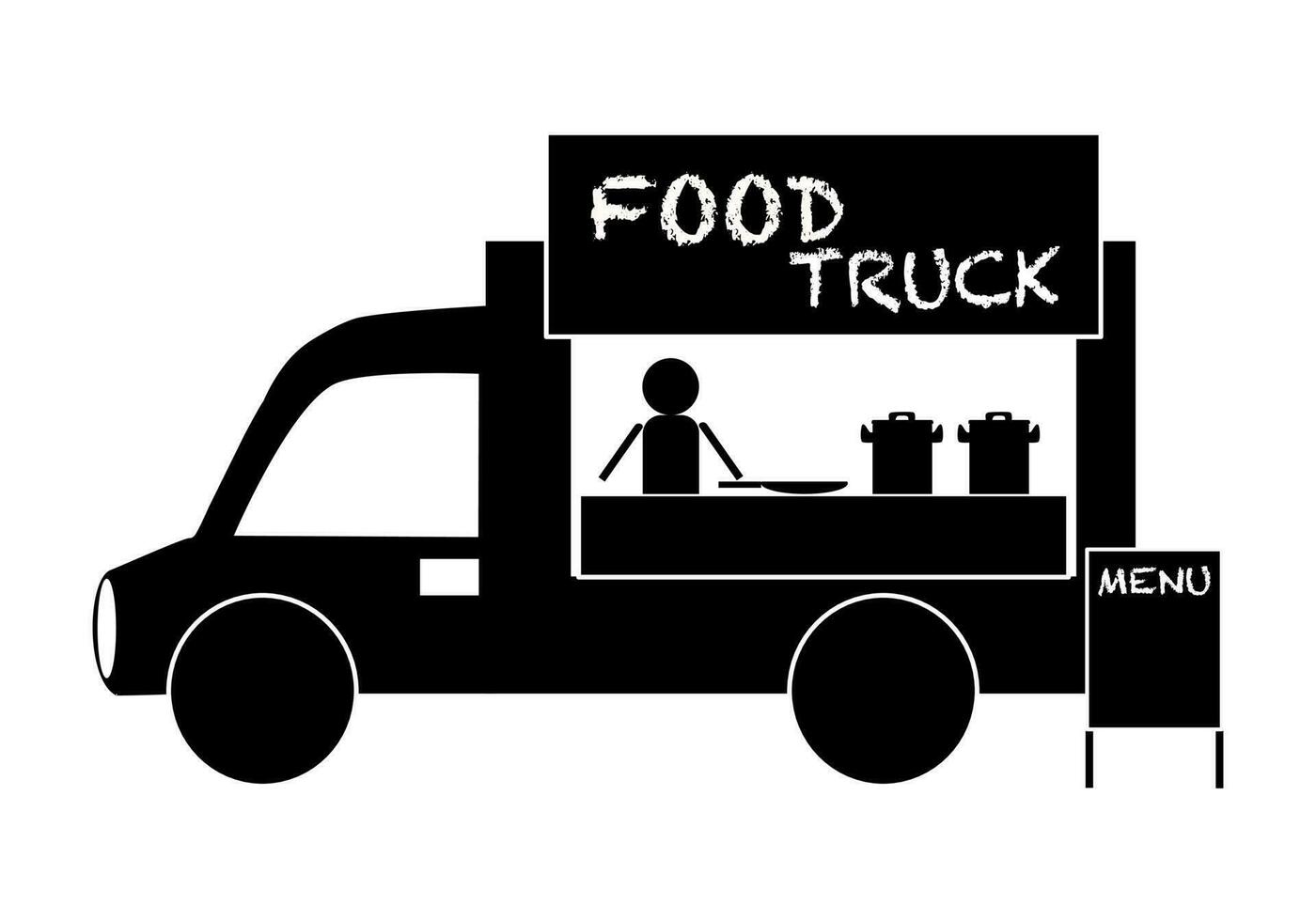 vetor preto e branco de caminhão de comida. comida de rua e ícone do veículo.