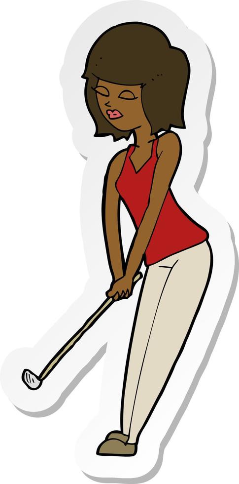 adesivo de uma mulher de desenho animado jogando golfe vetor