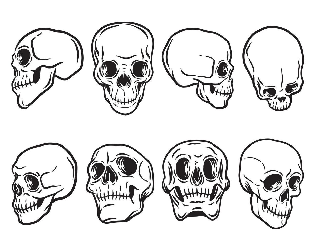 8 conjunto de vetores de crânio desenhados à mão mortal