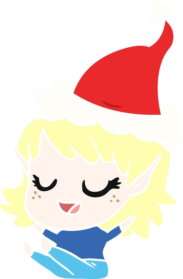 feliz ilustração de cor plana de uma garota elfa sentada usando chapéu de papai noel vetor