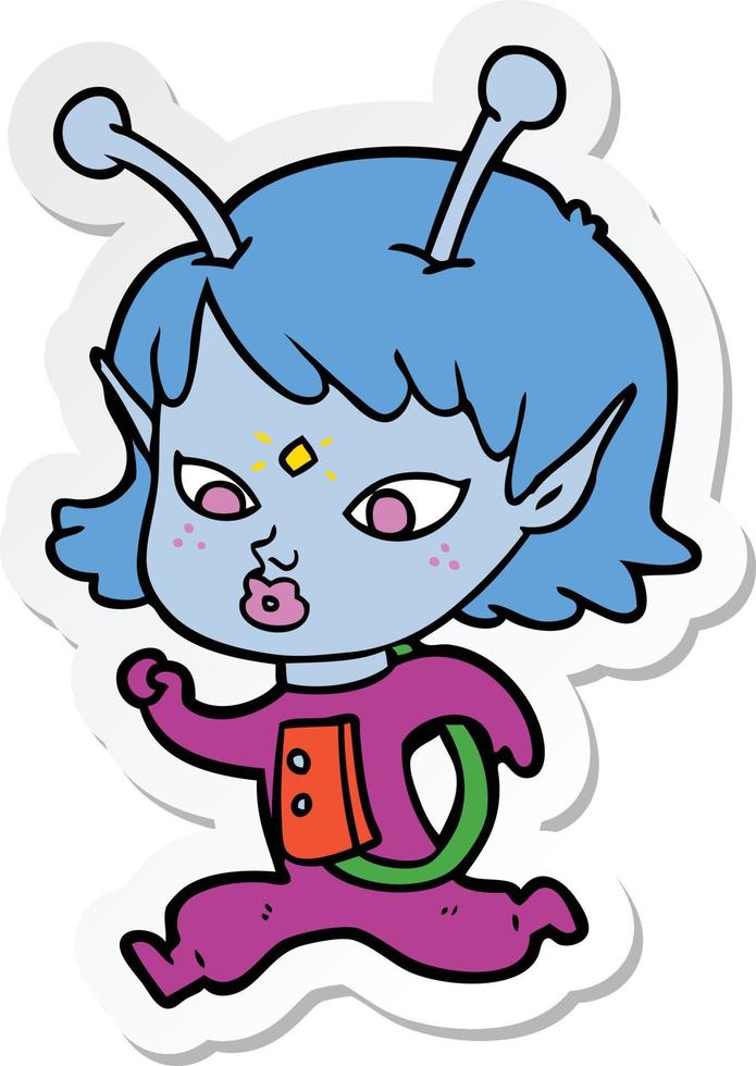 adesivo de uma linda garota alienígena de desenho animado correndo vetor