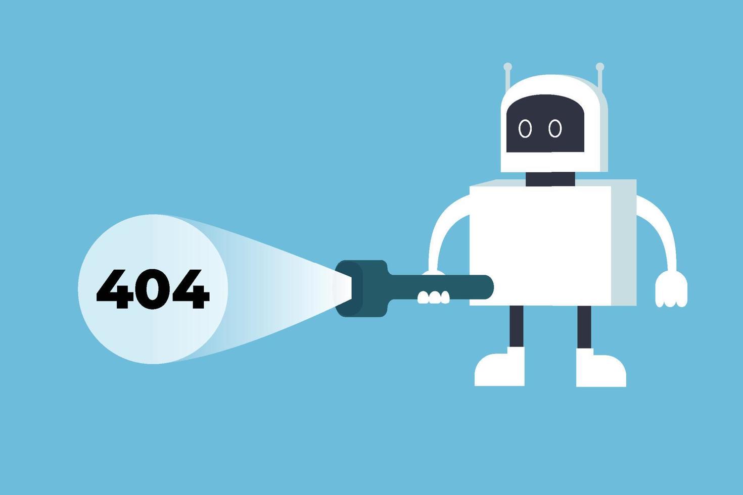 um robô branco procurando por um erro 404 com uma tocha. 404 página não encontrada conceito de erro com um vetor de design plano de robô. sistema encontrando erro 404 com uma grande luz de tocha em um fundo azul.