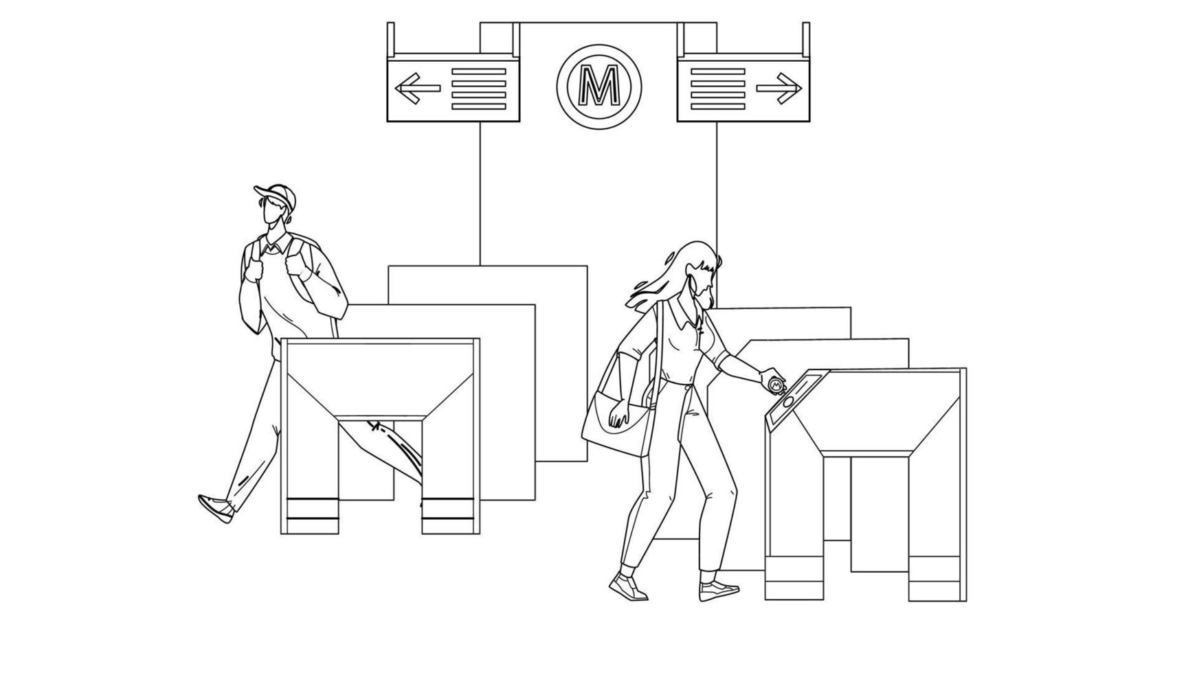 pessoas de metrô de entrada passam por catracas vetor