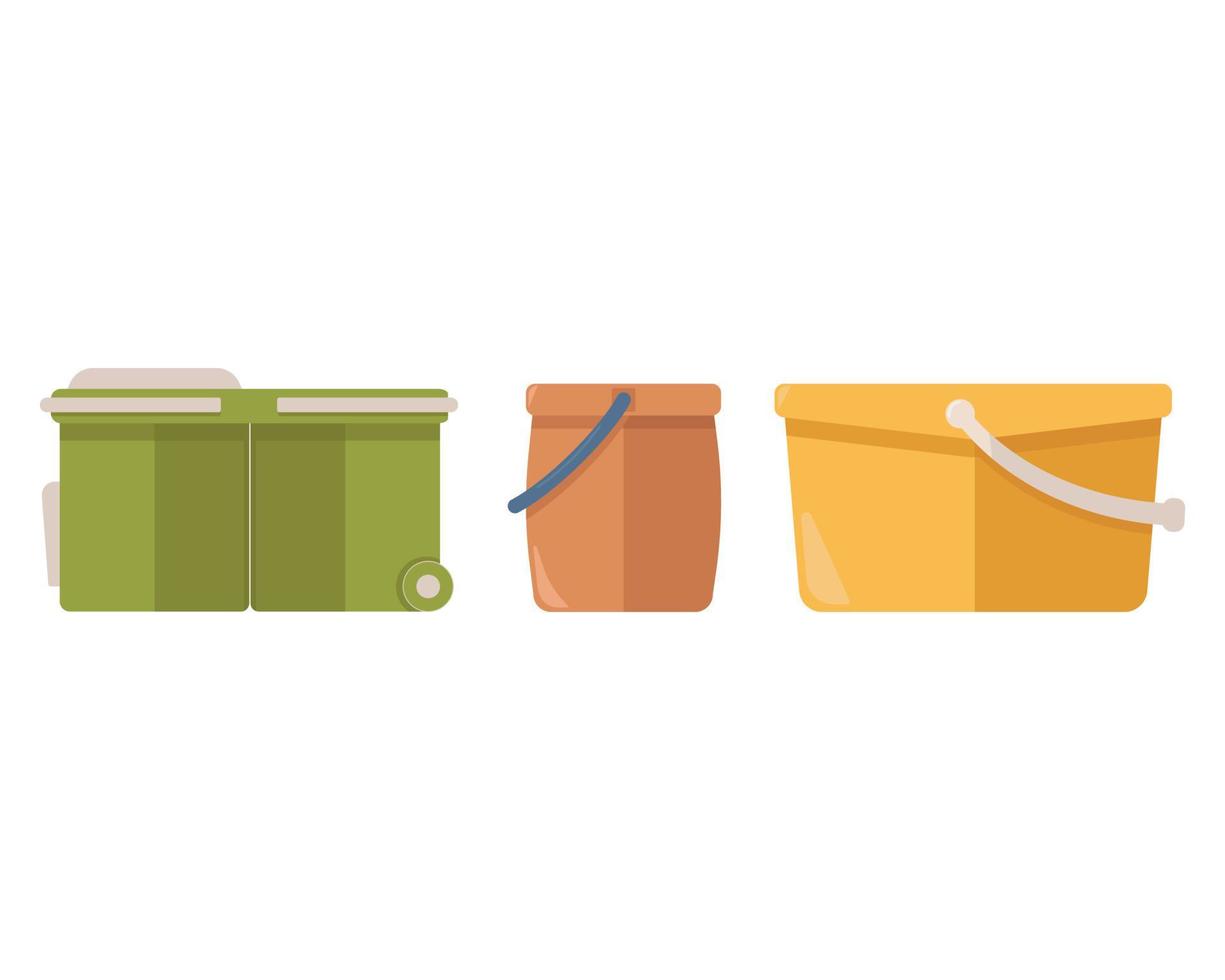 baldes de plástico coloridos de diferentes formas, isolados no fundo branco. equipamentos de limpeza doméstica e de escritório. balde para água, lixo, armazenamento. balde de esfregão vetor