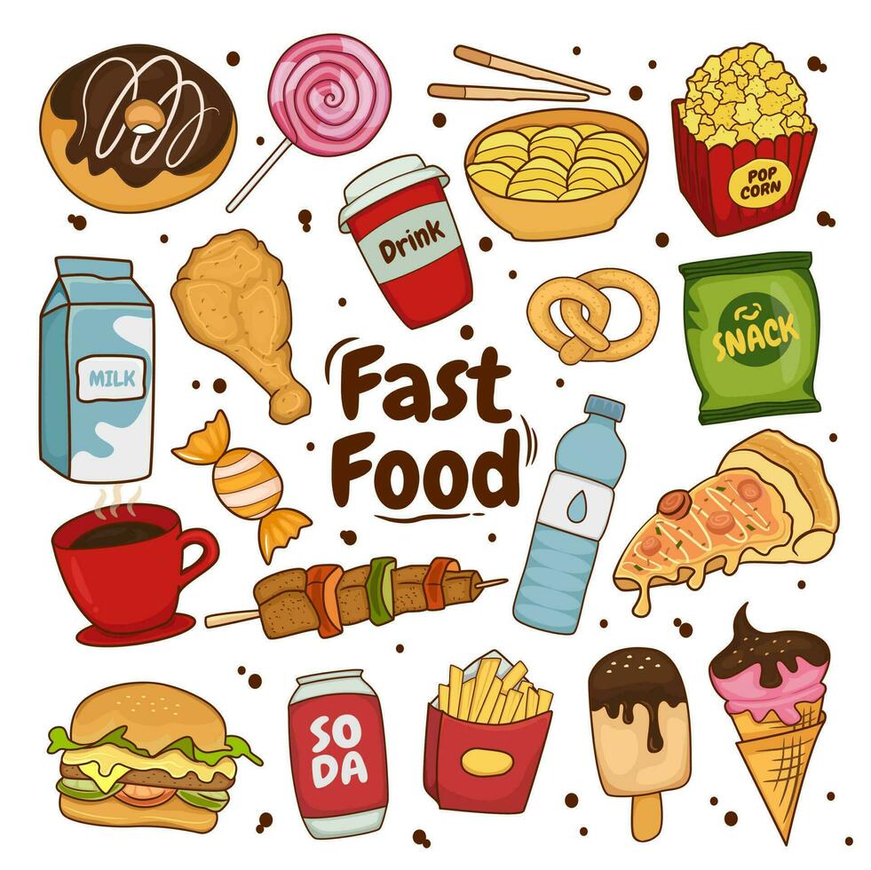 conjunto de gráficos de vetor de fast food doodle colorido em estilo desenhado à mão. elementos de design. adequado para papel de parede, cartazes, banners, revistas, etc.