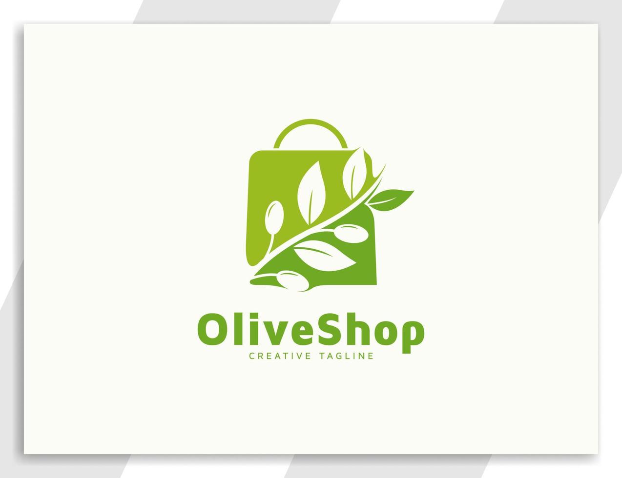 logotipo da loja de azeite verde com folhas e ilustração de sacola de compras vetor