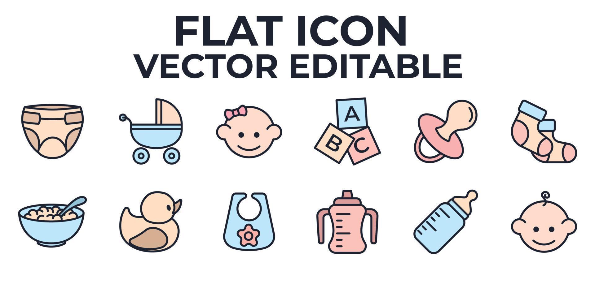 bebês, brinquedos de bebê, alimentação e modelo de símbolo de ícone de conjunto de cuidados para ilustração em vetor de logotipo de coleção de design gráfico e web