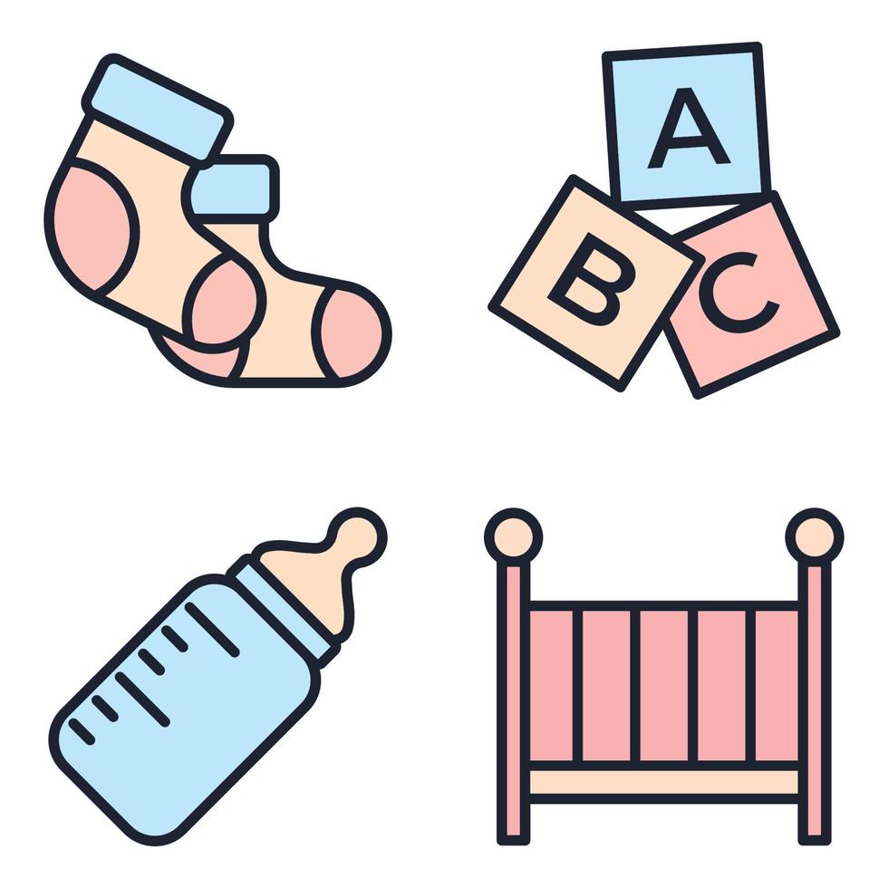 bebês, brinquedos de bebê, alimentação e modelo de símbolo de ícone de conjunto de cuidados para ilustração em vetor de logotipo de coleção de design gráfico e web