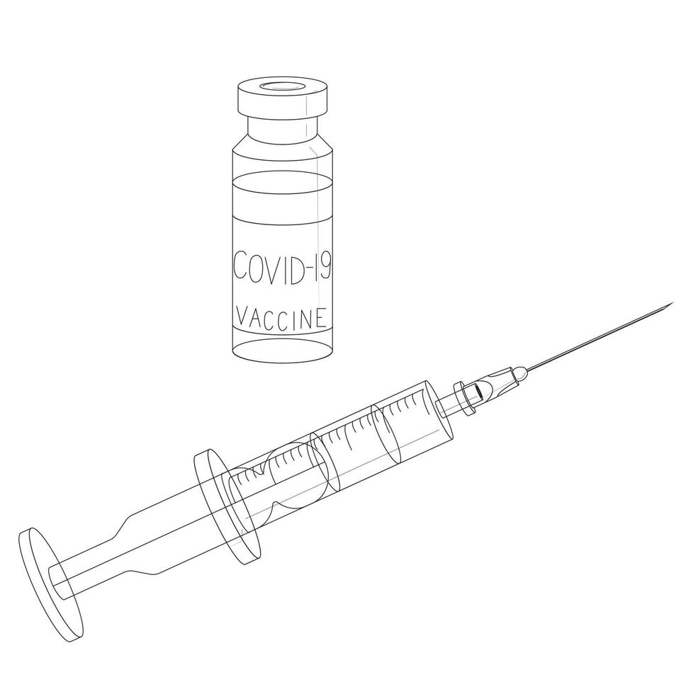vacina contra o coronavírus covid-19 em uma garrafa de vidro transparente com uma rolha de borracha e uma seringa e agulha de plástico descartável. estilo doodle. ilustração em vetor estoque isolado no fundo branco.