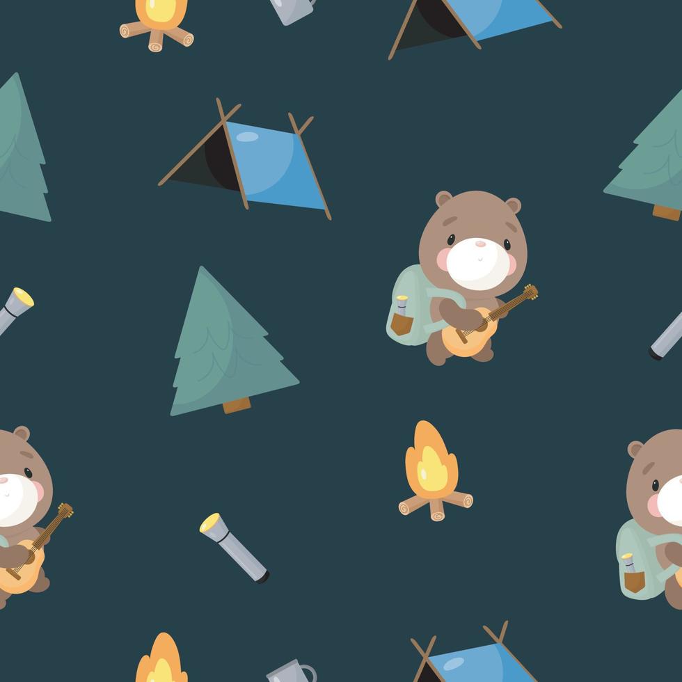 padrão de acampamento sem costura com urso fofo. ilustração vetorial. para cartazes, banners, impressão na embalagem, impressão em roupas, tecido, papel de parede. vetor