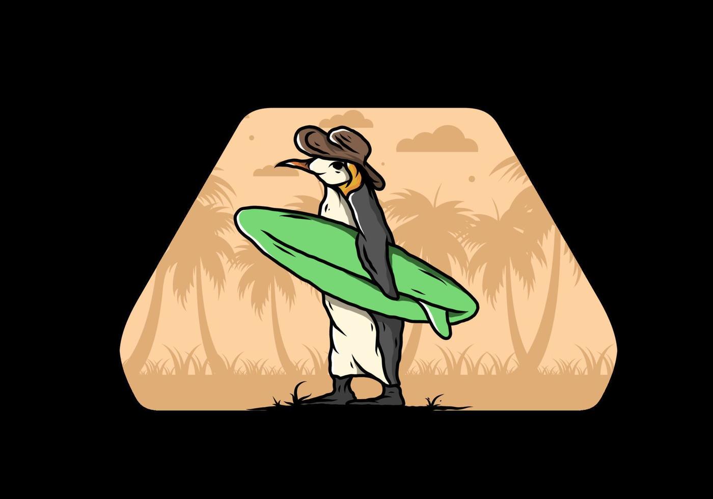 pinguim bonitinho carregando uma prancha de surf na ilustração de praia vetor