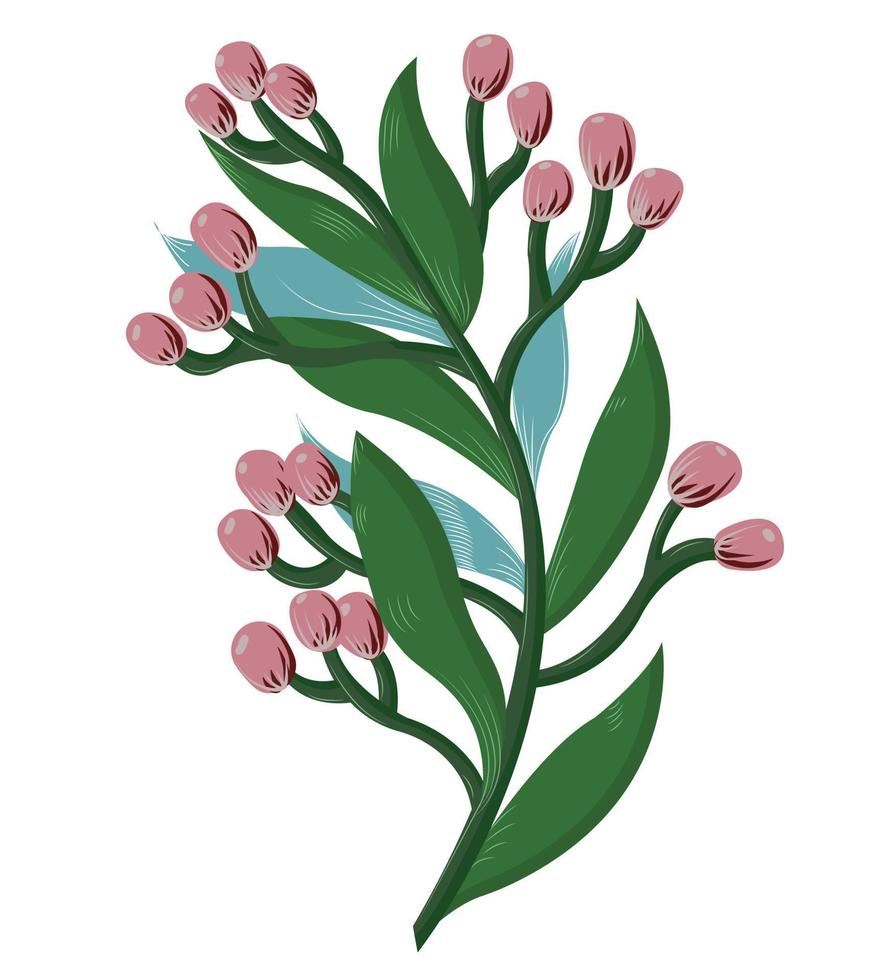 galho com flores cor de rosa, folhas verdes e azuis para o feriado, casamento, aniversário. ilustração em vetor estoque isolado em fundo laranja.