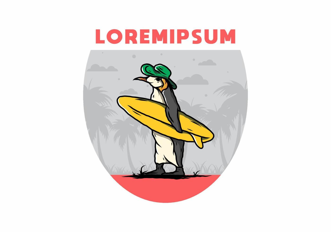 pinguim bonitinho carregando uma prancha de surf na ilustração de praia vetor