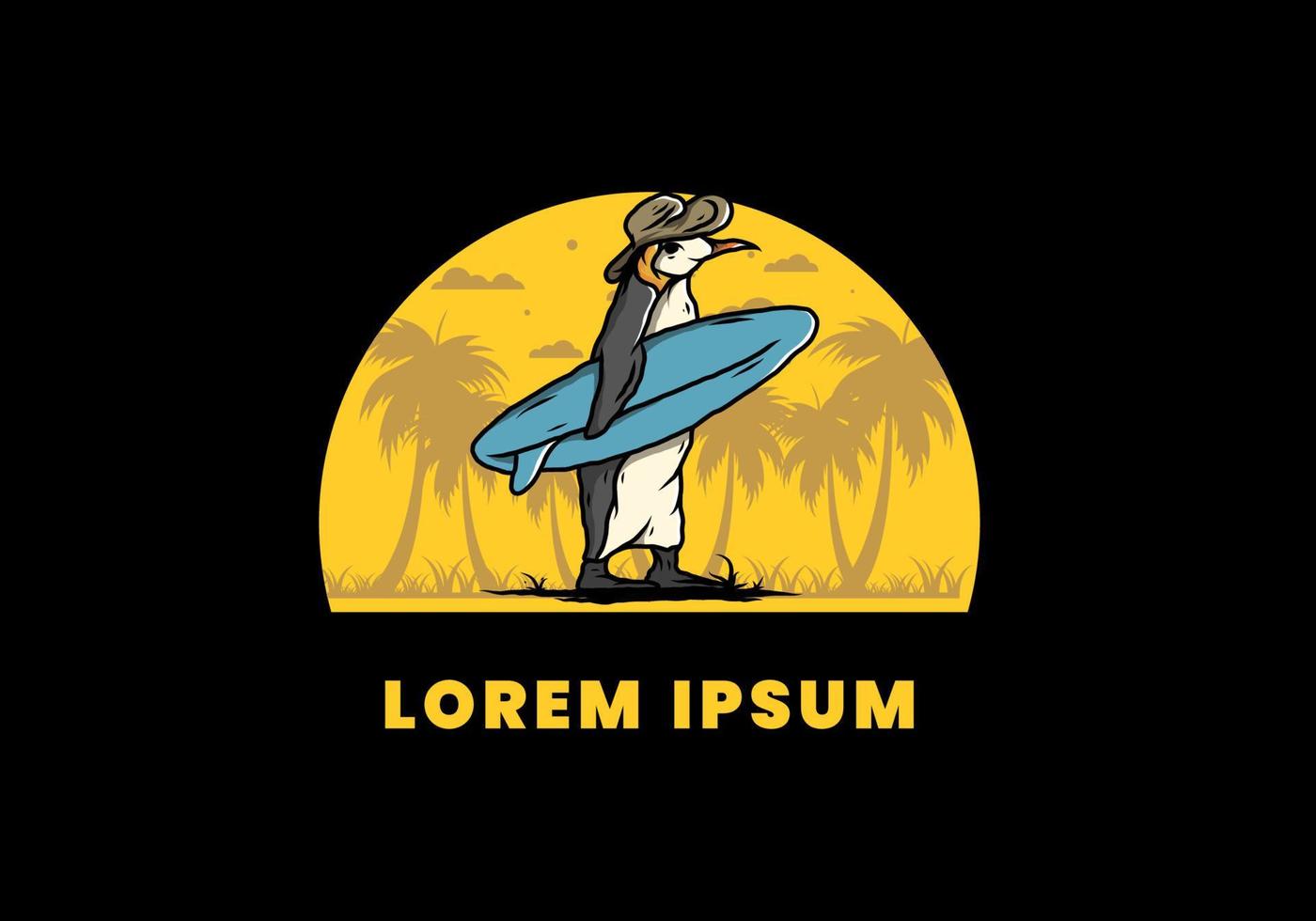 pinguim bonitinho carregando uma prancha de surf na ilustração de praia vetor