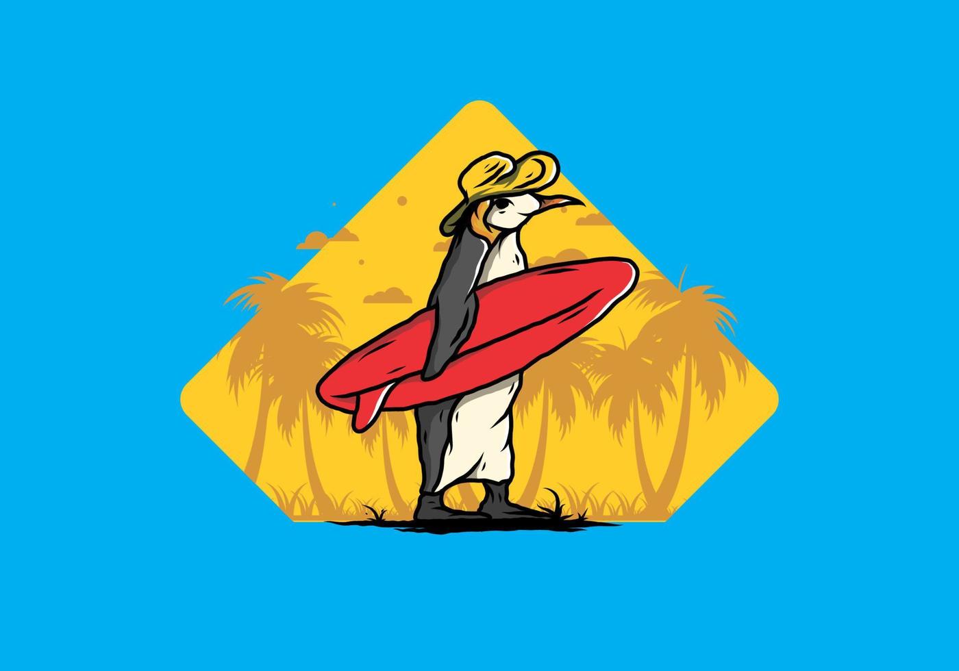 pinguim bonitinho carregando uma prancha de surf na ilustração de praia vetor