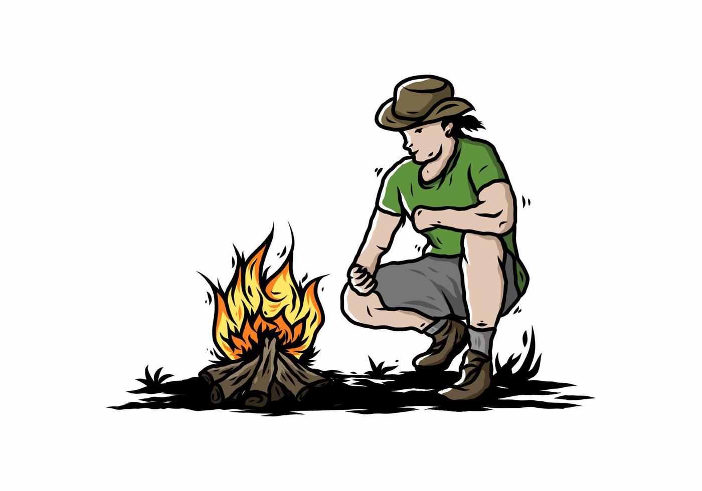 um homem está acendendo uma ilustração de fogueira vetor