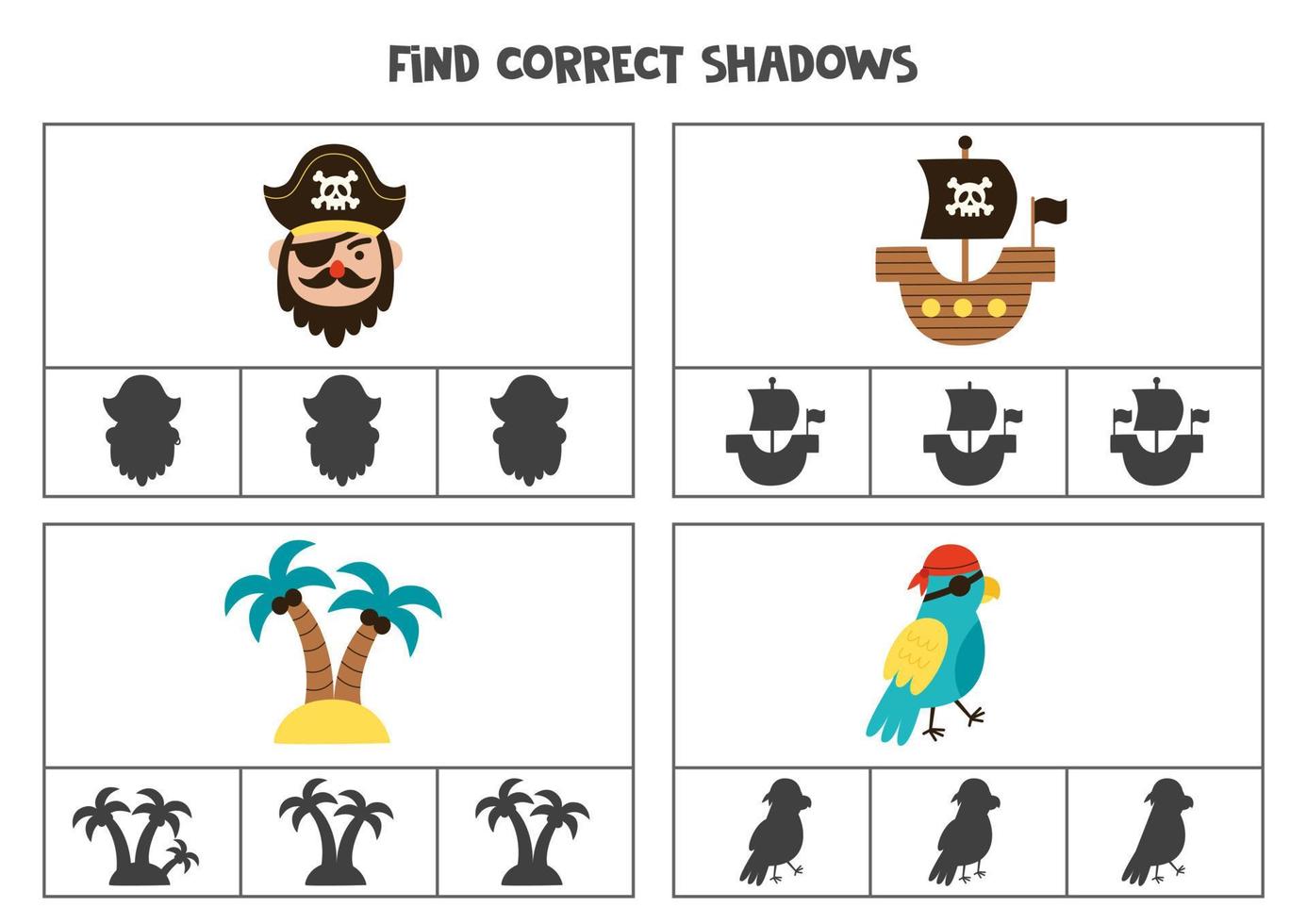 encontre a sombra correta dos elementos piratas. jogos de cartão de clipe para impressão para crianças. vetor