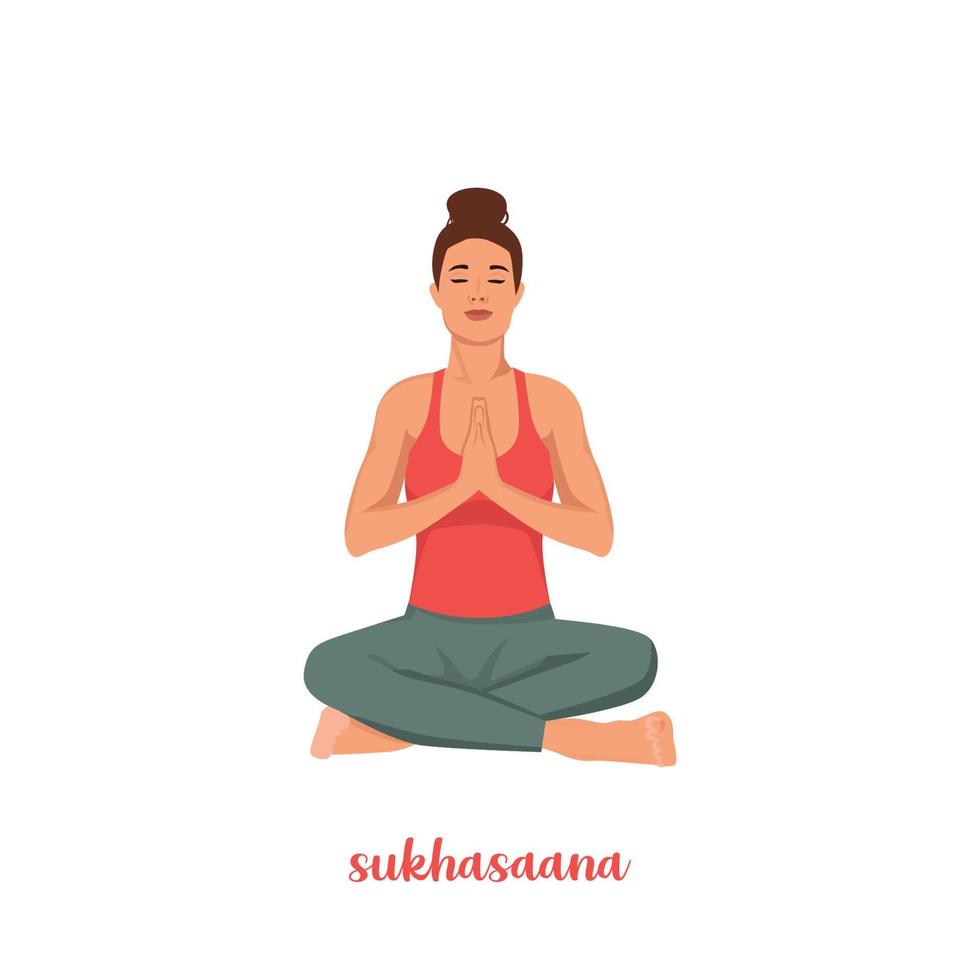 mulher fazendo sukhasana yoga. meditando em pose de lótus, exercício de relaxamento, pose de assento fácil. asana. ilustração vetorial plana isolada no fundo branco vetor