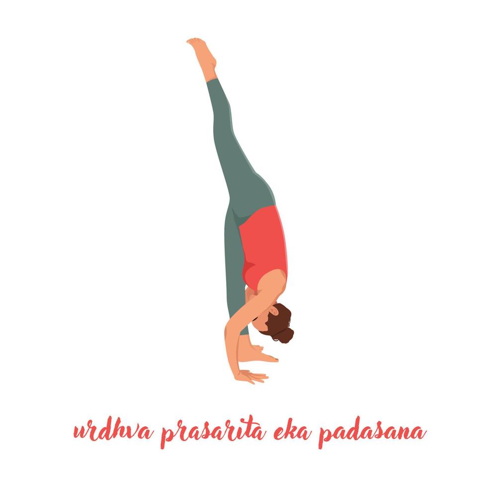 mulher fazendo divisões em pé ou pose de ioga urdhva prasarita eka padasana. ilustração vetorial plana isolada no fundo branco vetor