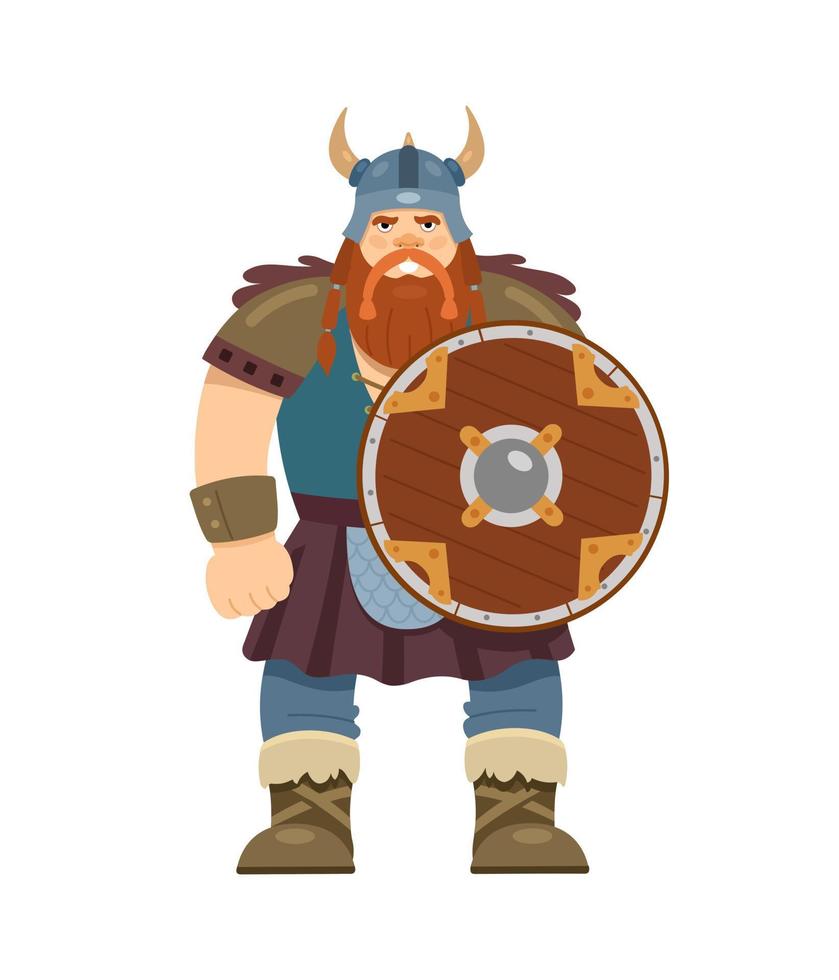 personagem viking com escudo. estilo cartoon, ilustração vetorial plana. vetor
