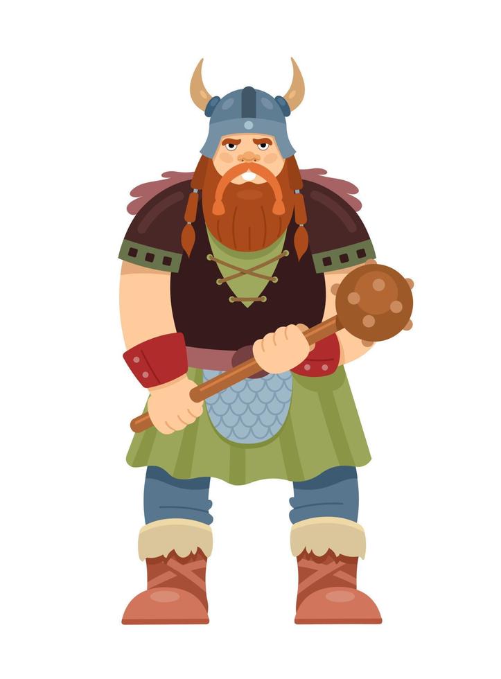 personagem viking com armas. estilo cartoon, ilustração vetorial plana. vetor