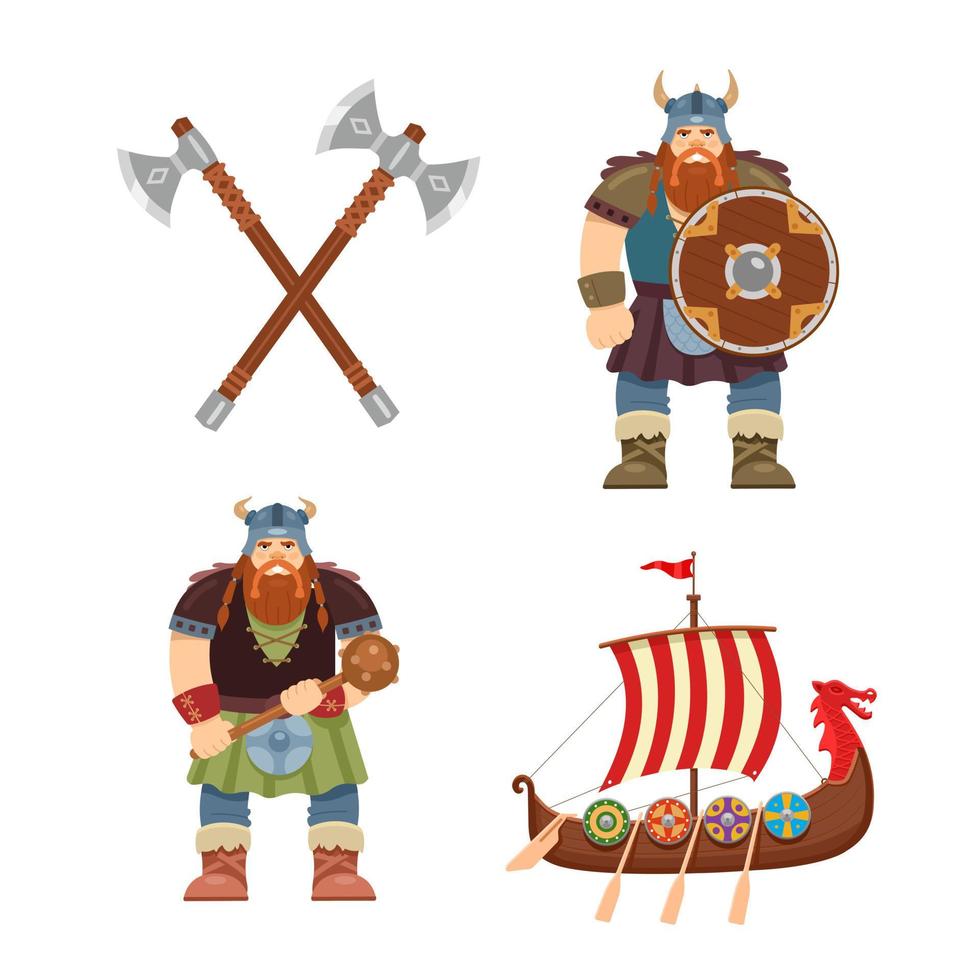 personagem viking, arma e barco. conjunto de vetores. estilo cartoon, ilustração vetorial plana. vetor